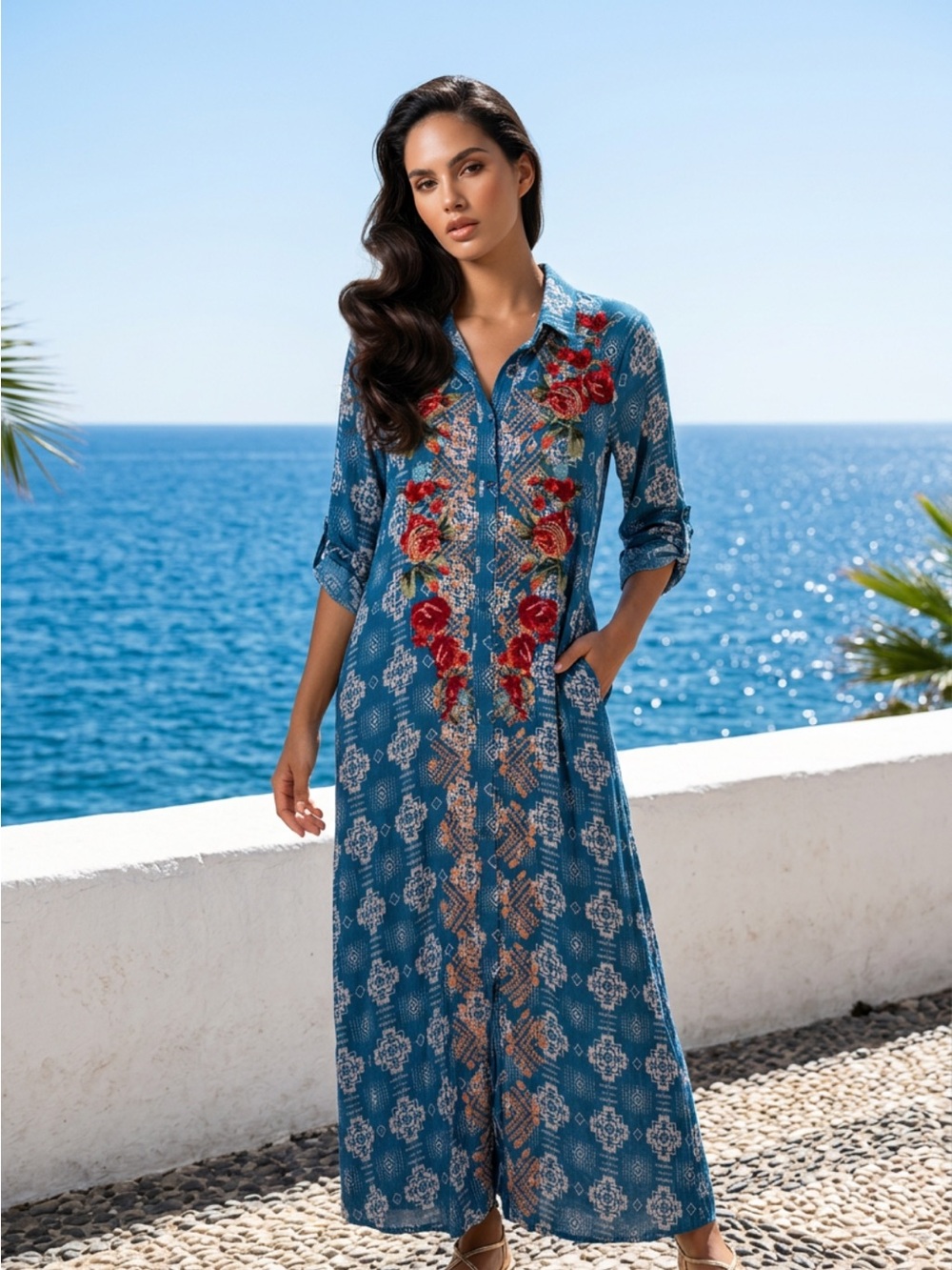 Blue Floral Embroidered Maxi Shirt Dress